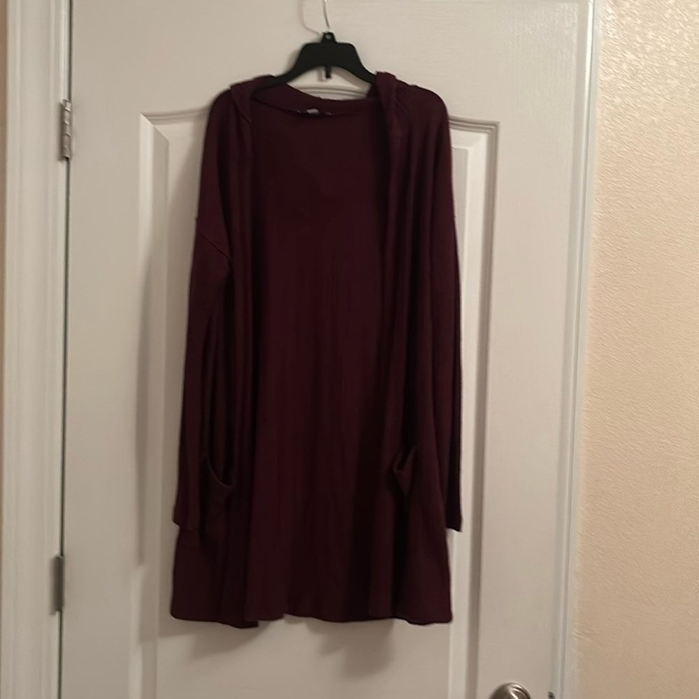 American Eagle dark maroon long sweater with pockets.